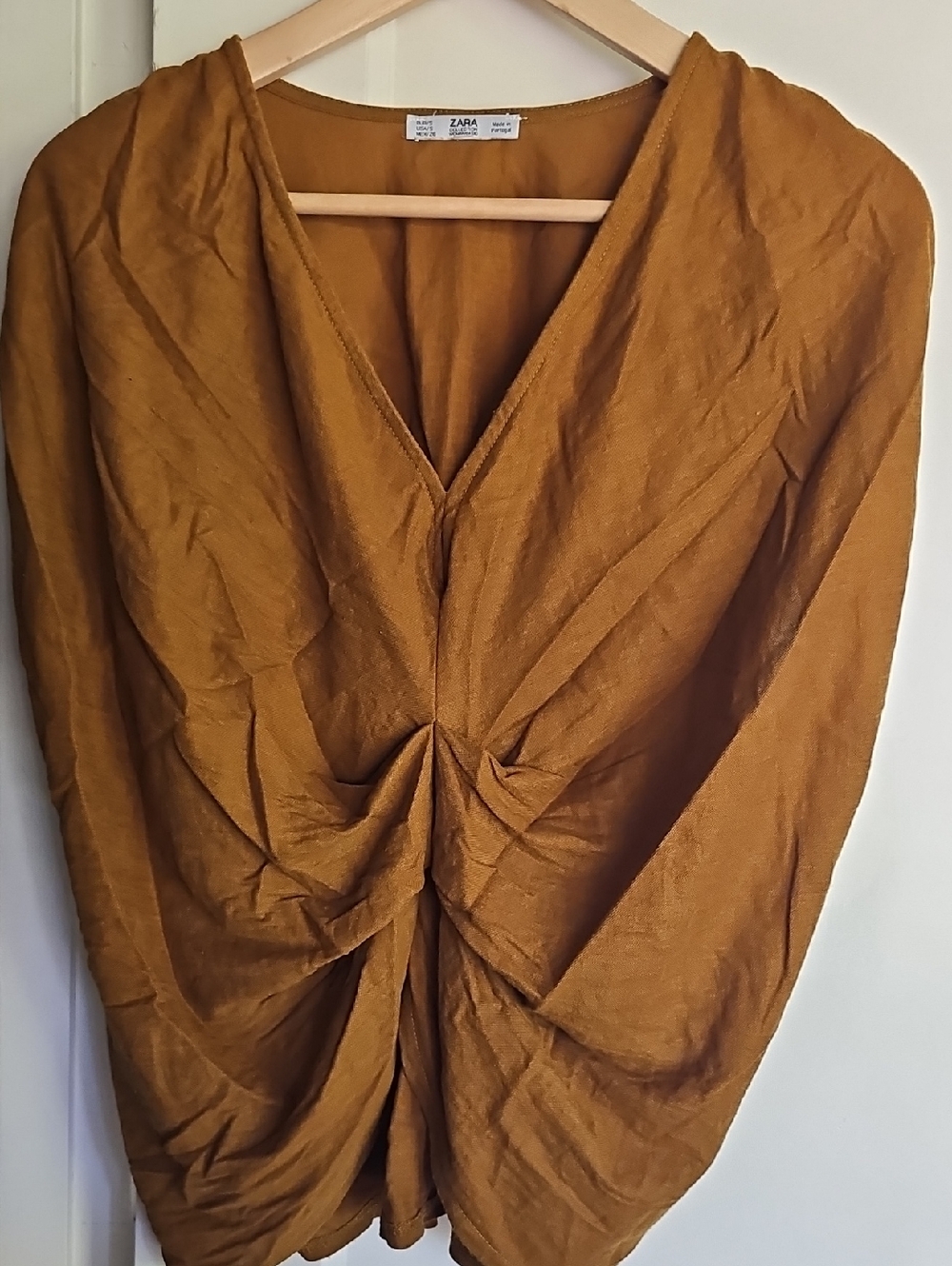 ZARA Twist-Front V-Neck Tunic in Mustard Brown